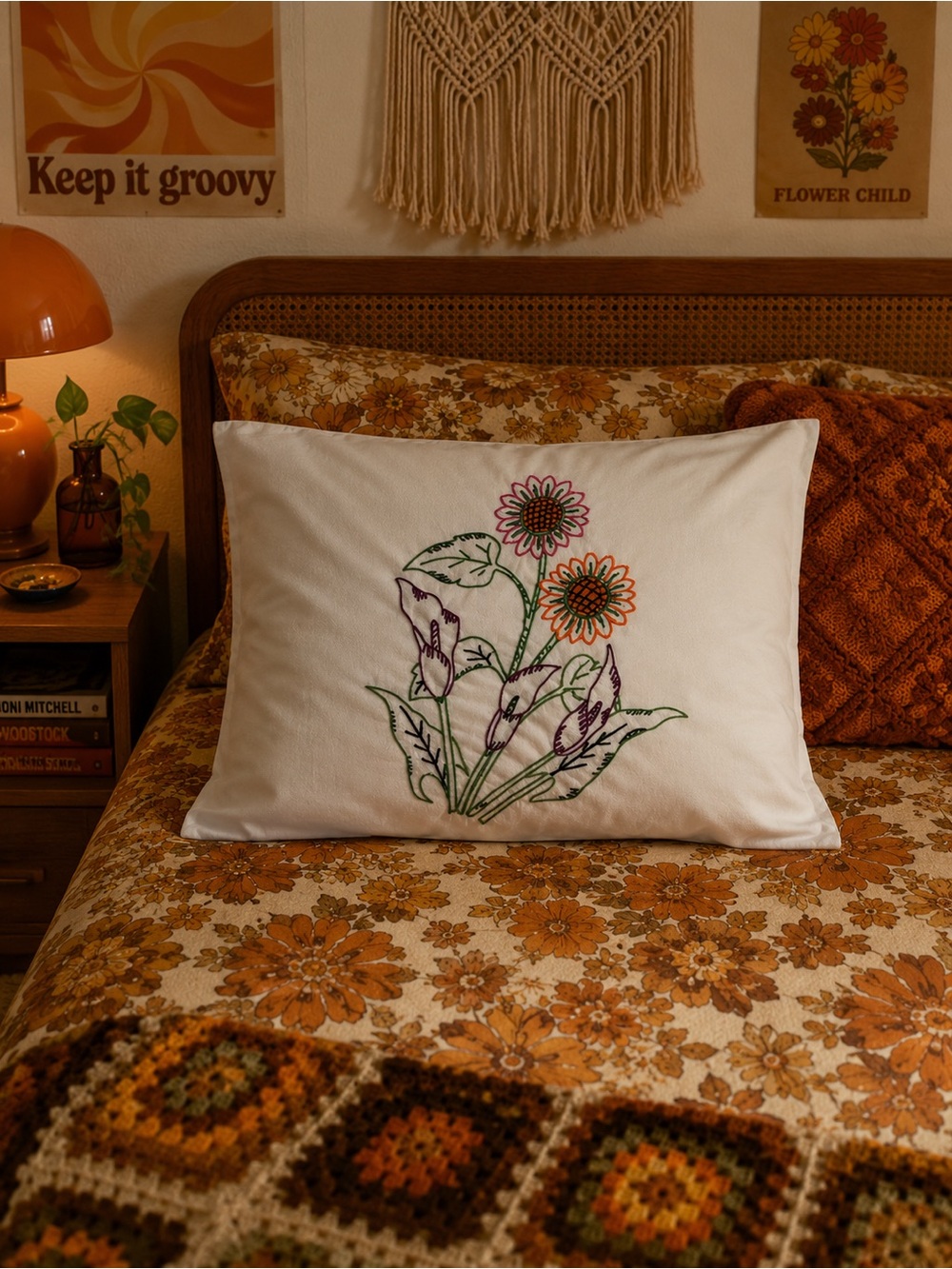 VTG 70s Embroidered Floral Handmade Pillowcase White Multicolor Sunflowers retro